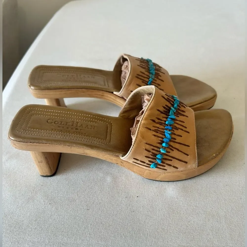 Cole Haan Resort leather turquoise bead boho slide shoe wooden sole. Italy 7.5